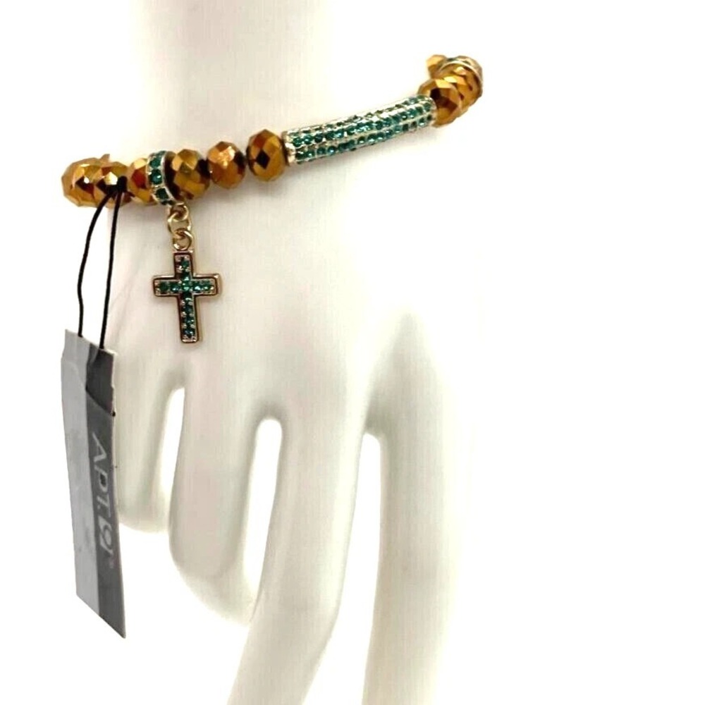 APT. 9 Gold Tone Stretch Bracelet with Faceted Beads & Green Pave Cross Charm